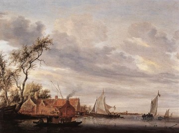 ファームステッドのボート海景のある川の風景 サロモン・ファン・ライスダール Oil Paintings